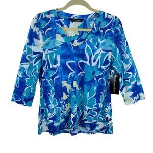 Tango Mango NWT Floral Blue 3/4 Sleeve V-Neck Layered Stretch Blouse Size M